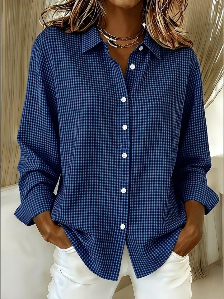 Relaxed Fit Linen Cotton Gingham Long Sleeve Button Down Shirt Navy Blue 1