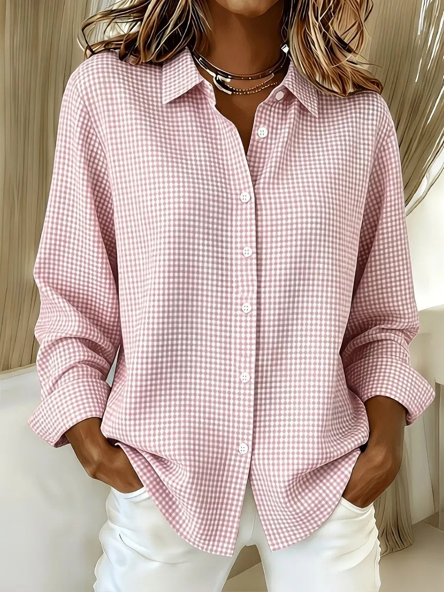 Relaxed Fit Linen Cotton Gingham Long Sleeve Button Down Shirt Pink 1