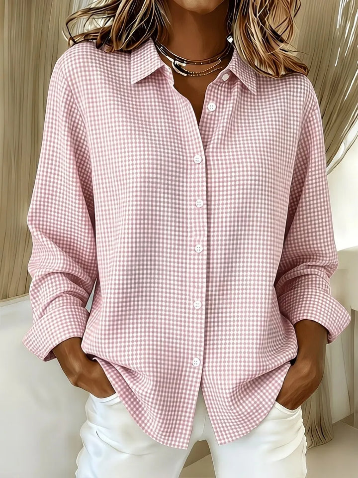 Relaxed Fit Linen Cotton Gingham Long Sleeve Button Down Shirt Pink 1