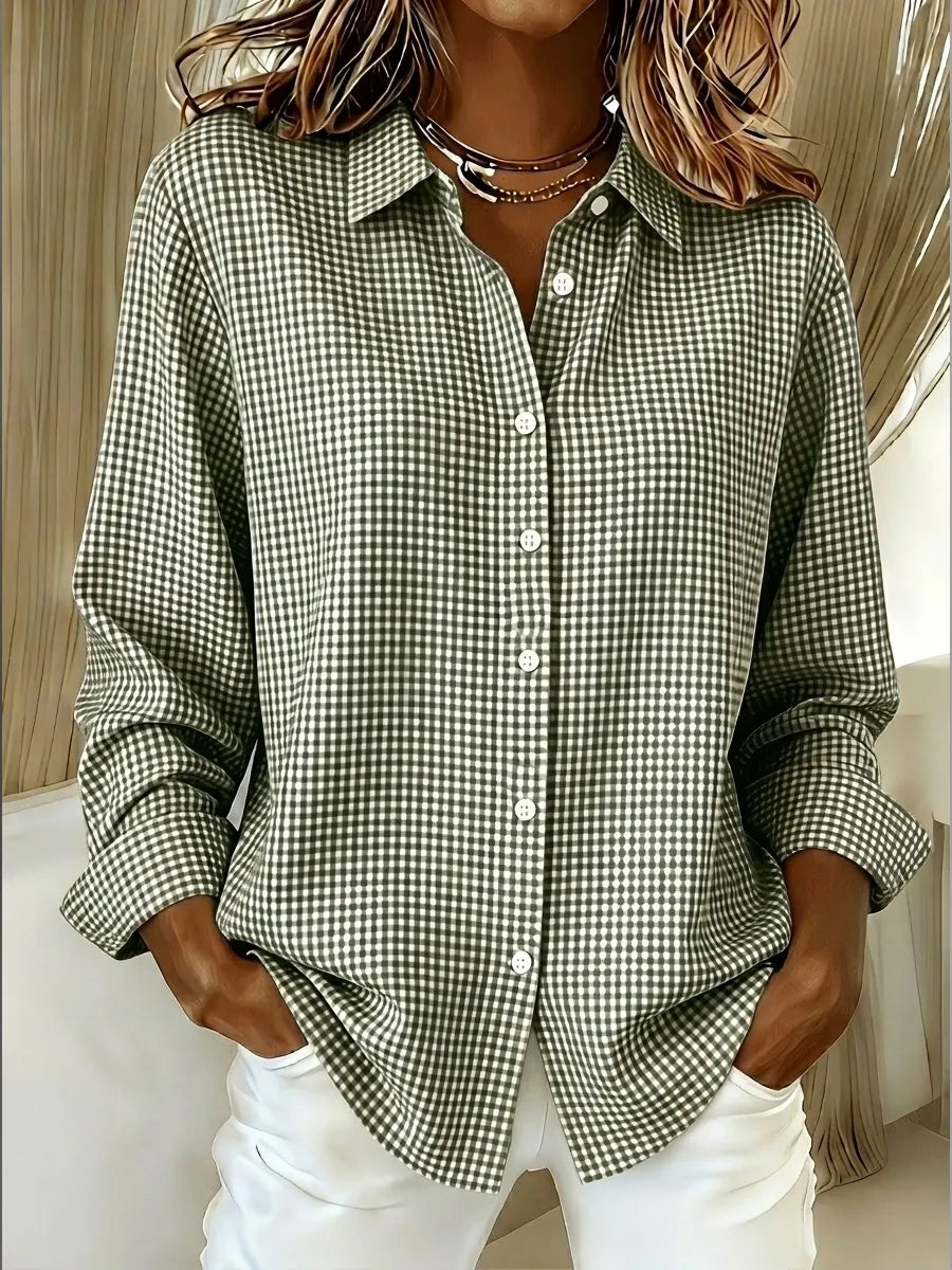 Relaxed Fit Linen Cotton Gingham Long Sleeve Button Down Shirt Sage Green 1