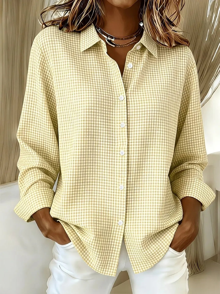 Relaxed Fit Linen Cotton Gingham Long Sleeve Button Down Shirt Yellow 1