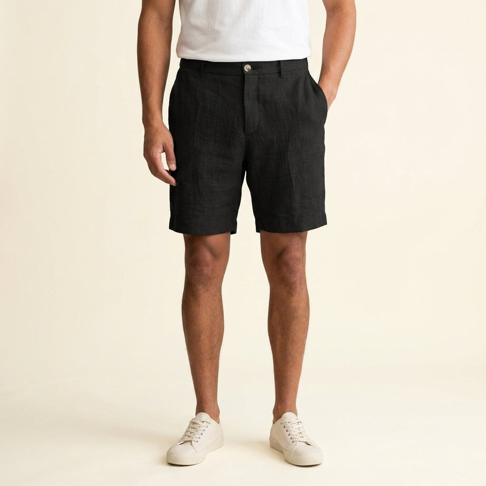 Relaxed Fit Linen Flat Front Shorts Set of 2 Black 1