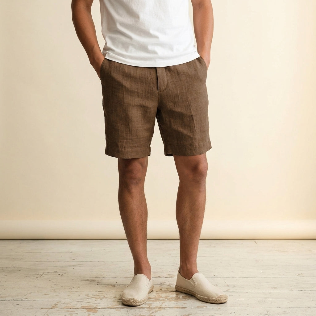 Relaxed Fit Linen Flat Front Shorts Set of 2 Brown 1