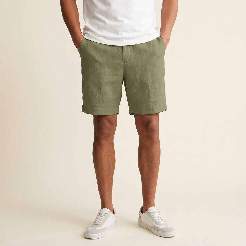Relaxed Fit Linen Flat Front Shorts Set of 2 Olive 1