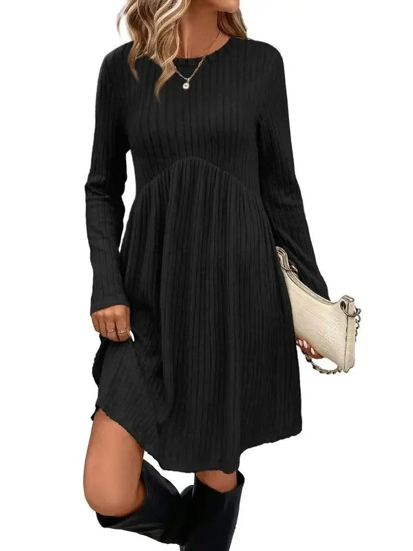 Relaxed Fit Ribbed Babydoll Dress Long Sleeve Black 1
