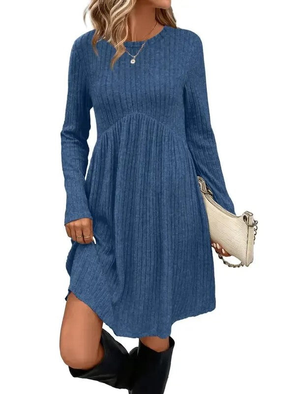 Relaxed Fit Ribbed Babydoll Dress Long Sleeve Blue 1