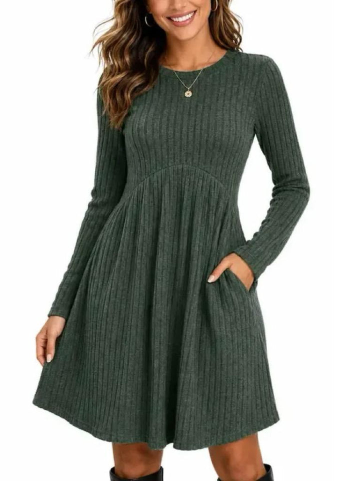Relaxed Fit Ribbed Babydoll Dress Long Sleeve Green 1