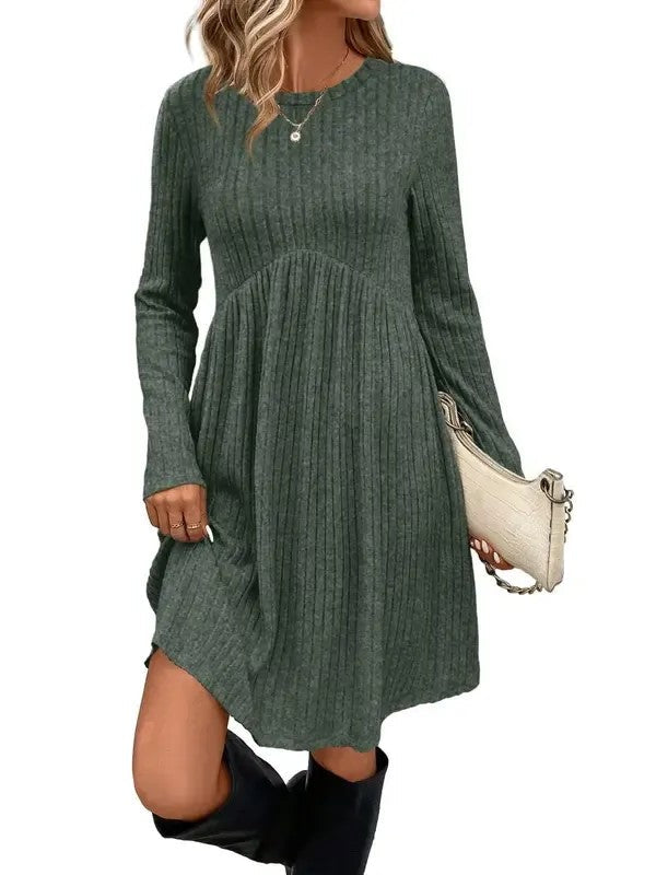 Relaxed Fit Ribbed Babydoll Dress Long Sleeve Green 2