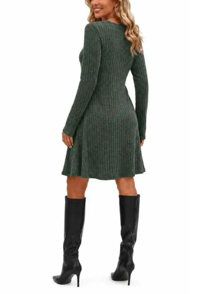 Relaxed Fit Ribbed Babydoll Dress Long Sleeve Green 3