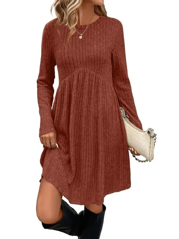 Relaxed Fit Ribbed Babydoll Dress Long Sleeve Rust 1