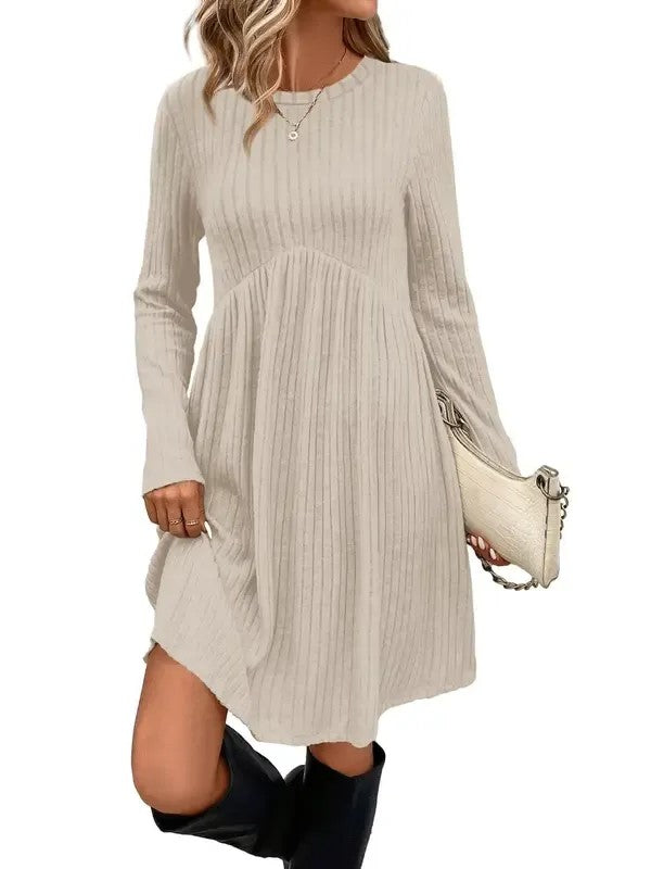 Relaxed Fit Ribbed Babydoll Dress Long Sleeve White 1