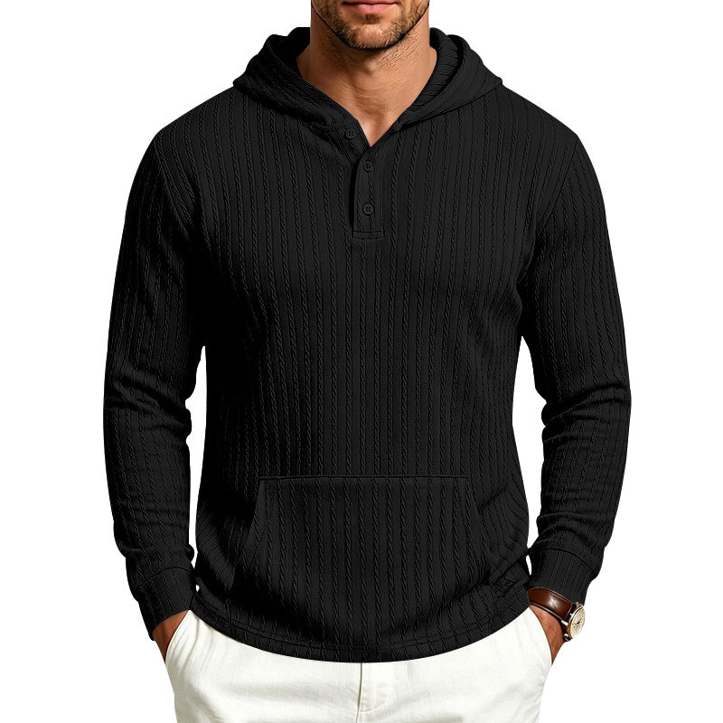 Relaxed Fit Ribbed Hooded Henley Long Sleeve Shirt Black 1