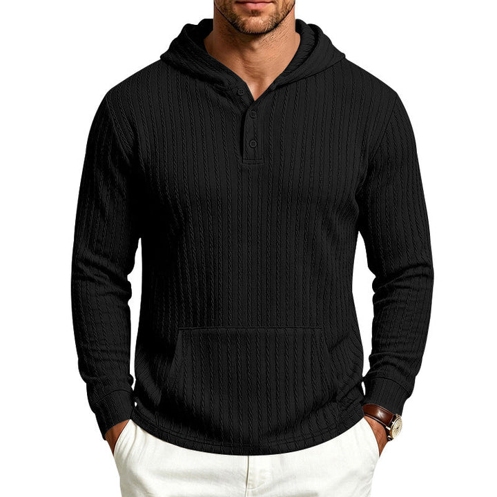 Relaxed Fit Ribbed Hooded Henley Long Sleeve Shirt Black 1