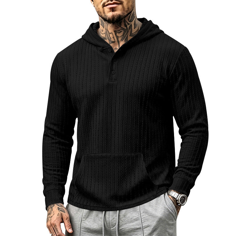 Relaxed Fit Ribbed Hooded Henley Long Sleeve Shirt Black 2
