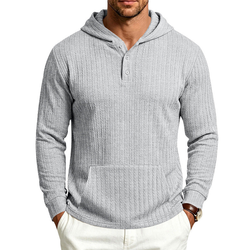 Relaxed Fit Ribbed Hooded Henley Long Sleeve Shirt Light Gray 1
