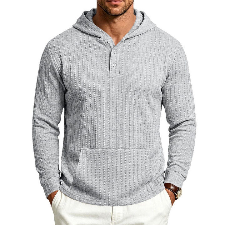 Relaxed Fit Ribbed Hooded Henley Long Sleeve Shirt Light Gray 1