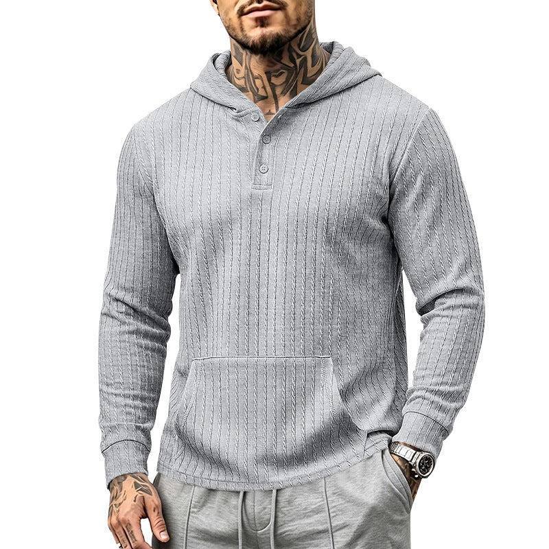 Relaxed Fit Ribbed Hooded Henley Long Sleeve Shirt Light Gray 2