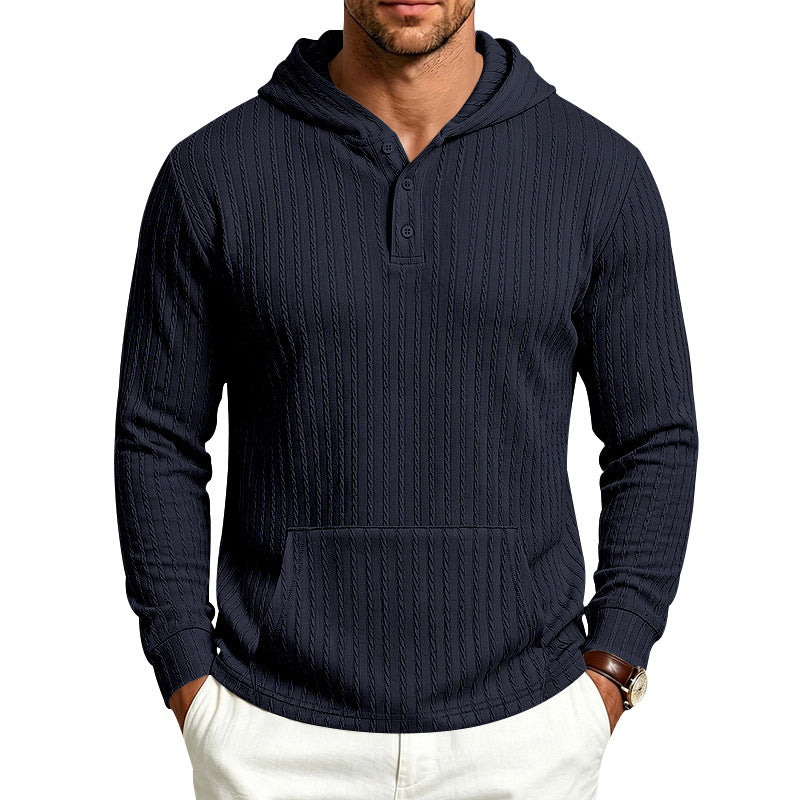 Relaxed Fit Ribbed Hooded Henley Long Sleeve Shirt Navy 1