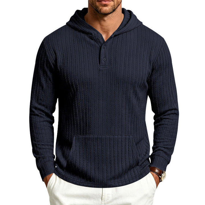 Relaxed Fit Ribbed Hooded Henley Long Sleeve Shirt Navy 1