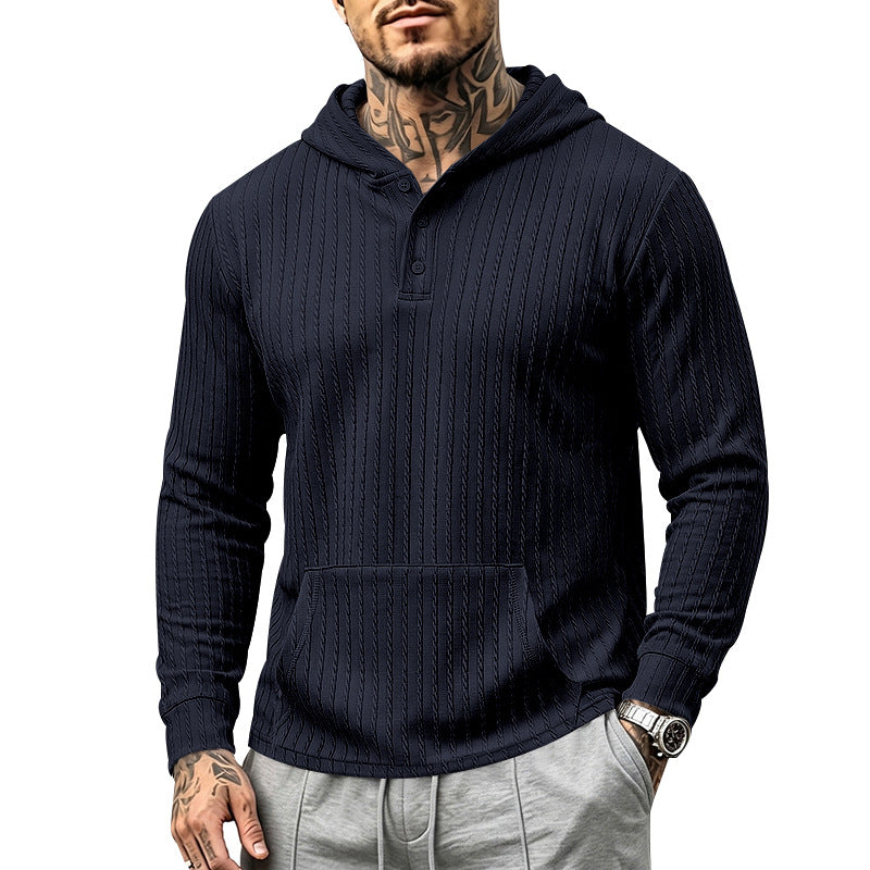 Relaxed Fit Ribbed Hooded Henley Long Sleeve Shirt Navy 2