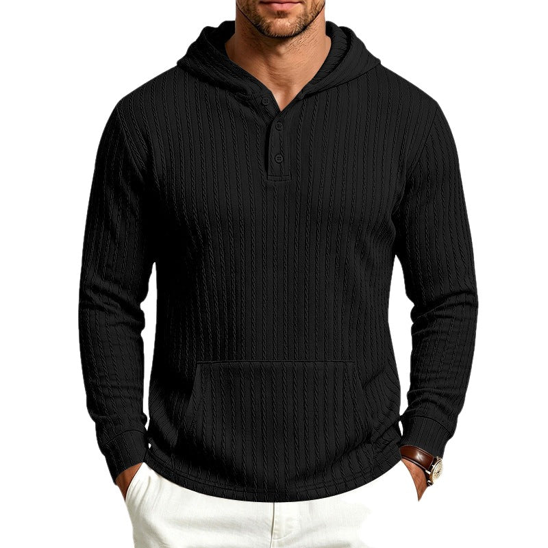 Relaxed Fit Ribbed Hooded Henley Long Sleeve Shirt on white