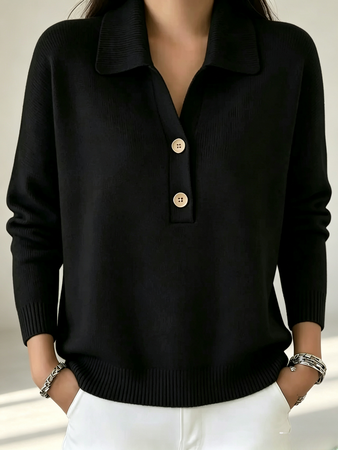 Relaxed Fit Soft Knit Polo Collar Sweater Black 1