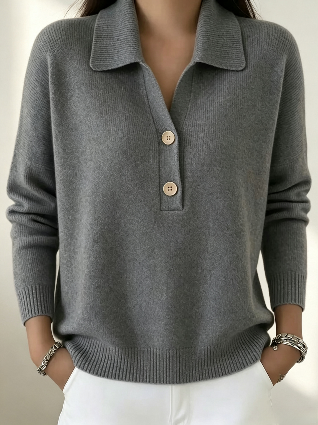 Relaxed Fit Soft Knit Polo Collar Sweater Gray 1