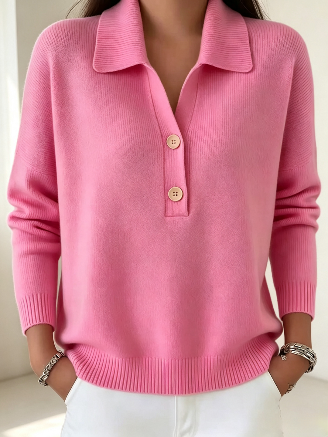 Relaxed Fit Soft Knit Polo Collar Sweater Hot Pink 1