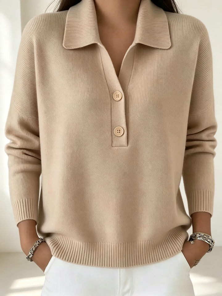 Relaxed Fit Soft Knit Polo Collar Sweater Khaki 1