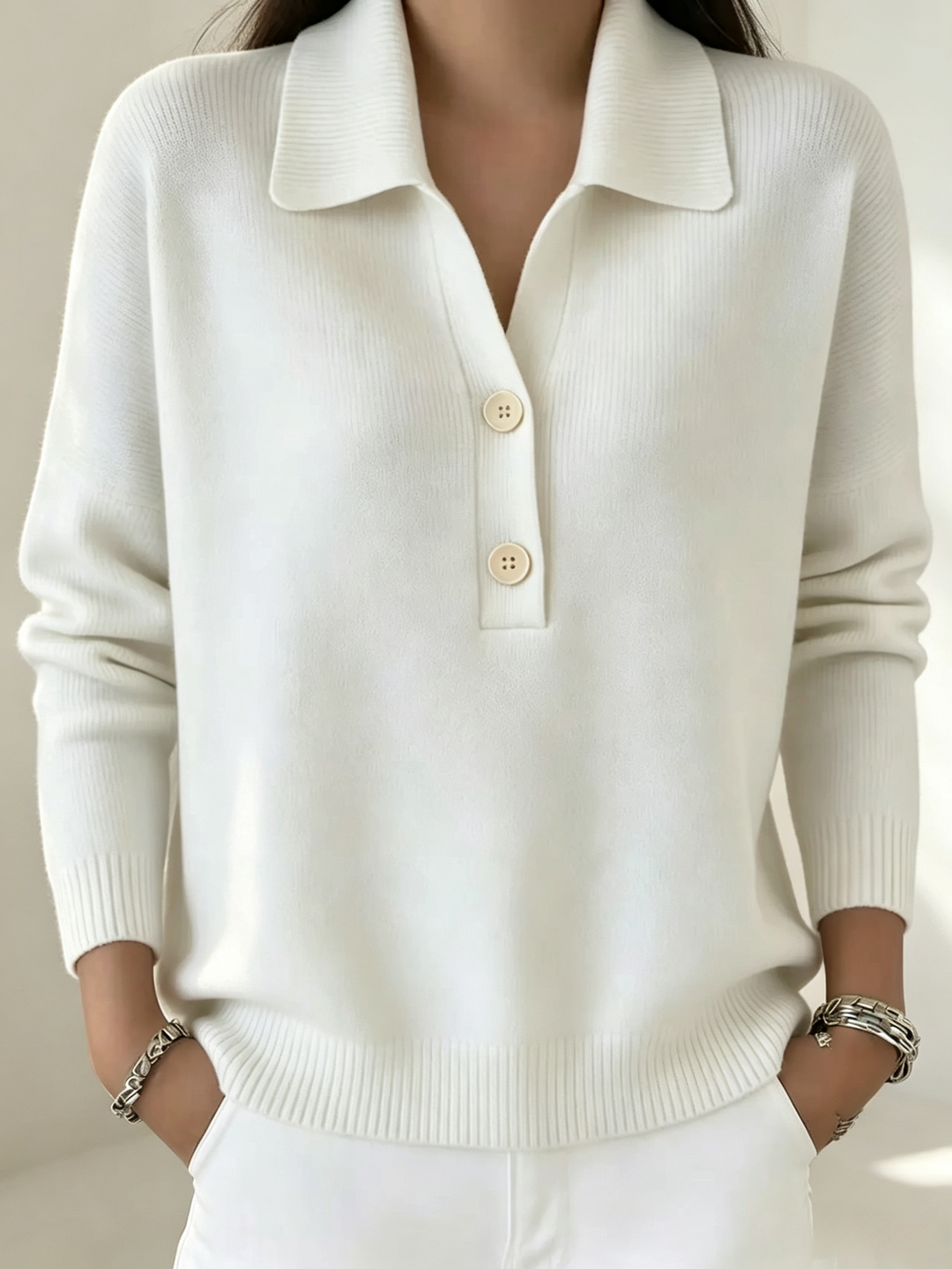 Relaxed Fit Soft Knit Polo Collar Sweater White 1