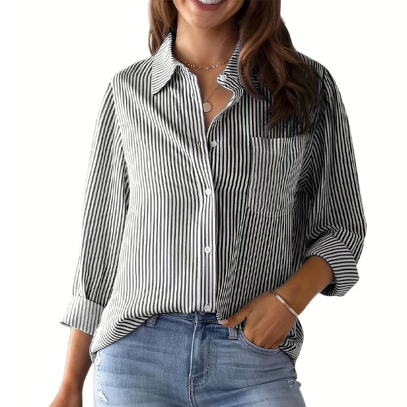 Relaxed Fit Striped Long Sleeve Button Down Shirt Black 1