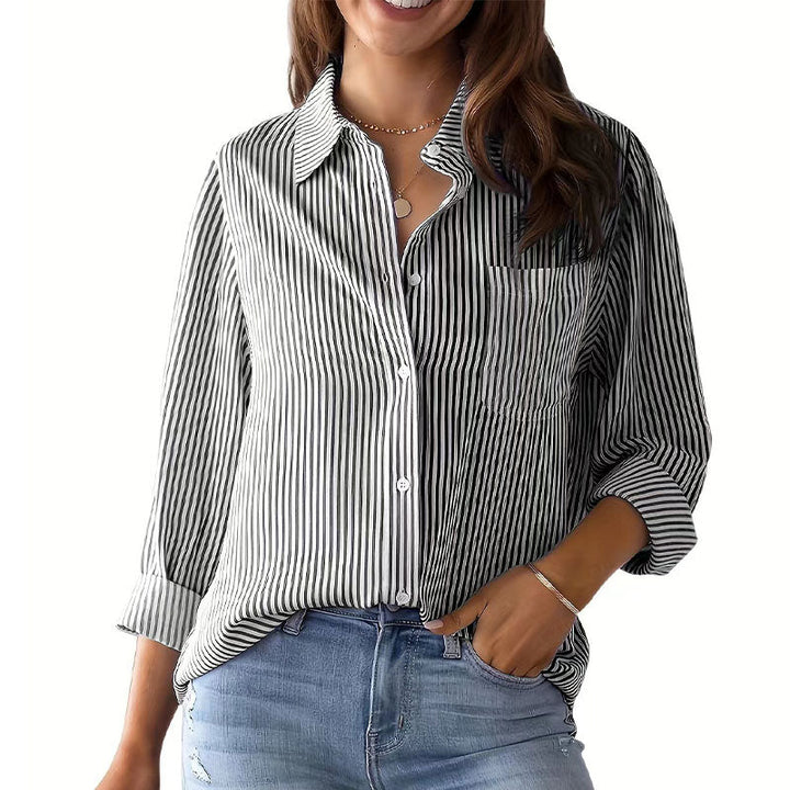 Relaxed Fit Striped Long Sleeve Button Down Shirt Black 1