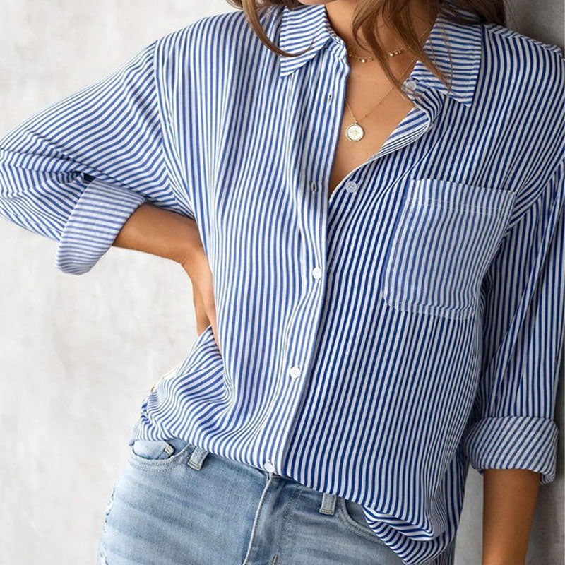 Relaxed Fit Striped Long Sleeve Button Down Shirt Blue 3