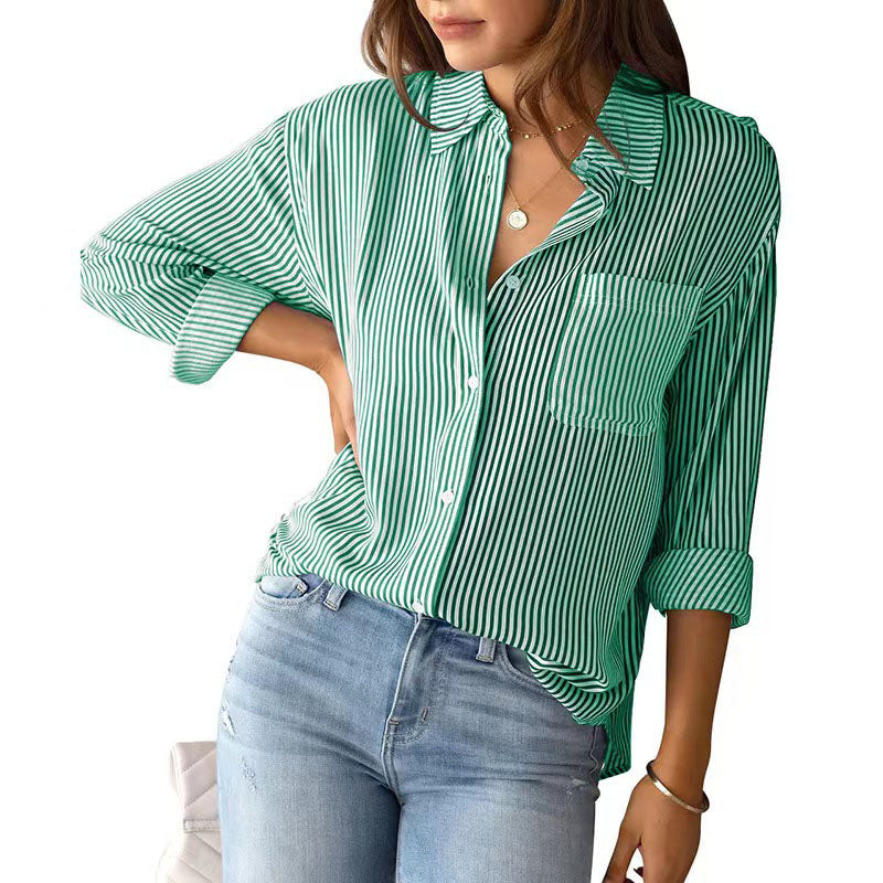 Relaxed Fit Striped Long Sleeve Button Down Shirt Green 1