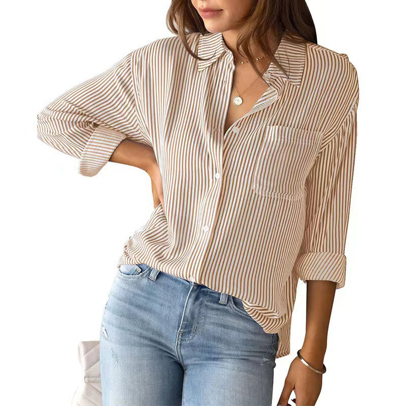 Relaxed Fit Striped Long Sleeve Button Down Shirt Khaki 1