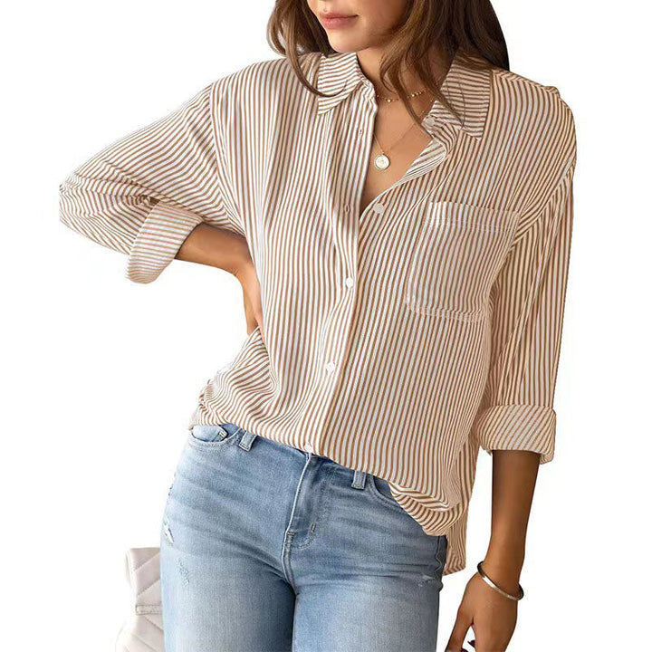 Relaxed Fit Striped Long Sleeve Button Down Shirt Khaki 1