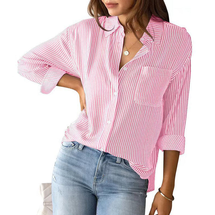 Relaxed Fit Striped Long Sleeve Button Down Shirt Pink 1