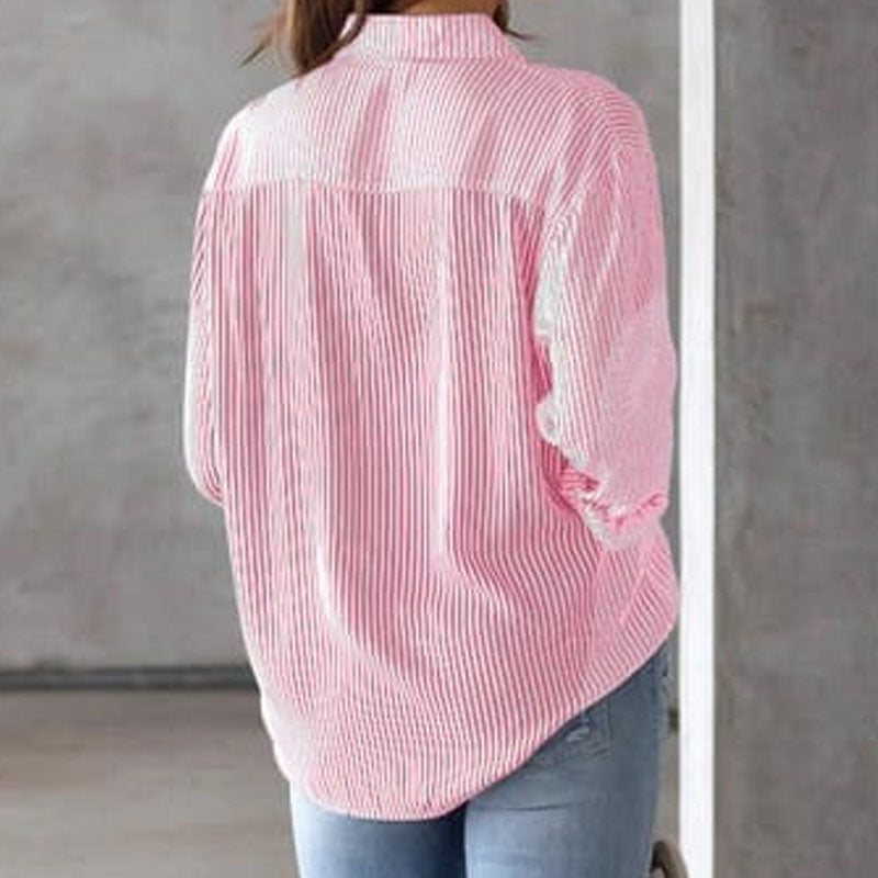 Relaxed Fit Striped Long Sleeve Button Down Shirt Pink 2