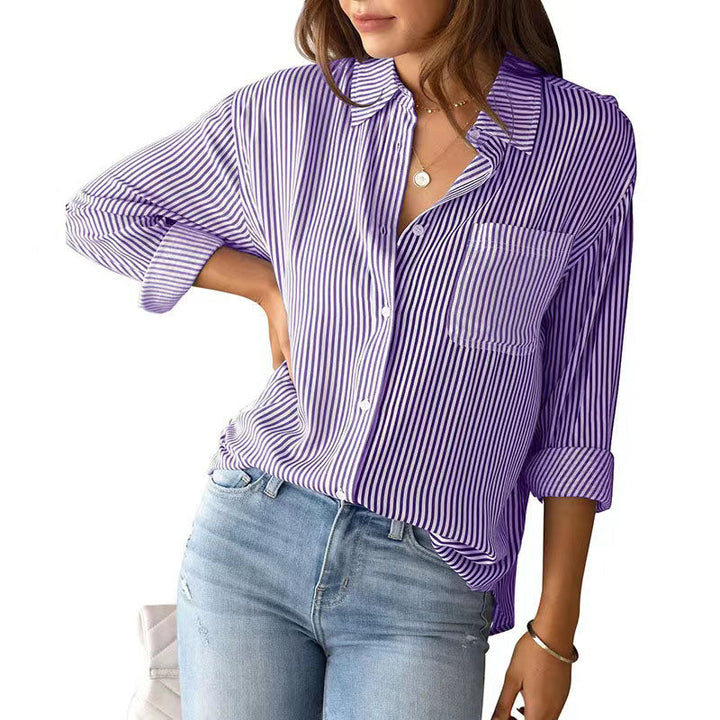 Relaxed Fit Striped Long Sleeve Button Down Shirt Purple 1