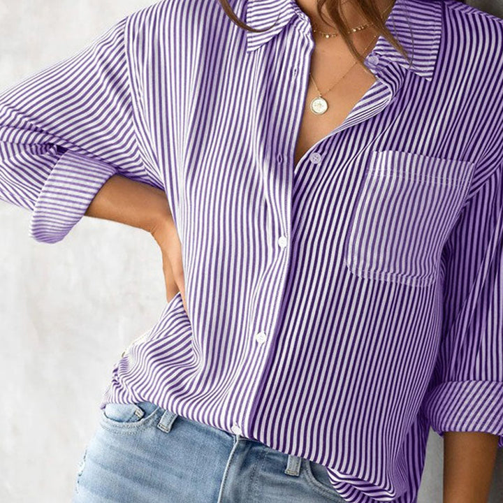 Relaxed Fit Striped Long Sleeve Button Down Shirt Purple 2
