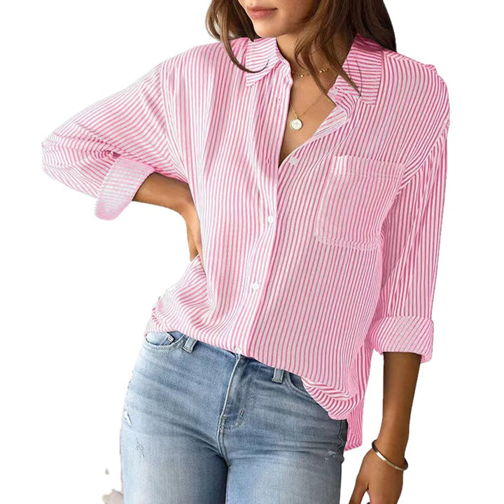 Relaxed Fit Striped Long Sleeve Button Down Shirt on white