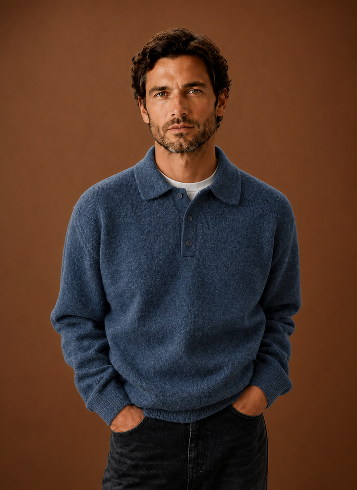 Relaxed Fit Textured Knit Polo Sweater Set of 2 Blue 1