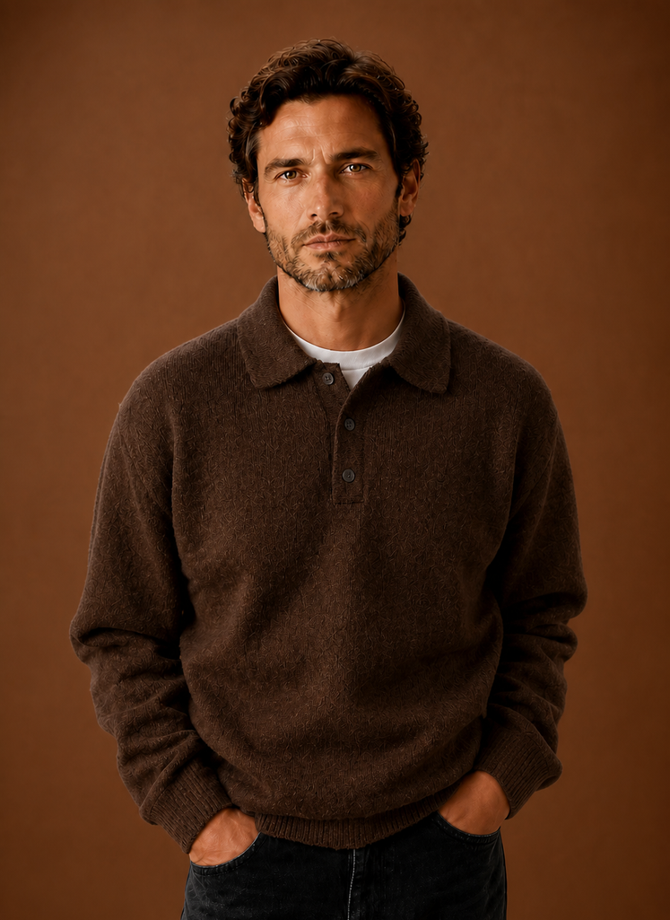 Relaxed Fit Textured Knit Polo Sweater Set of 2 Dark Brown 1