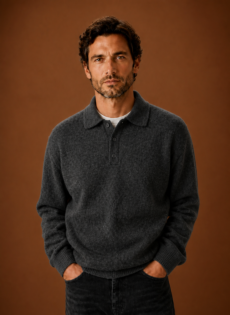 Relaxed Fit Textured Knit Polo Sweater Set of 2 Dark Gray 1