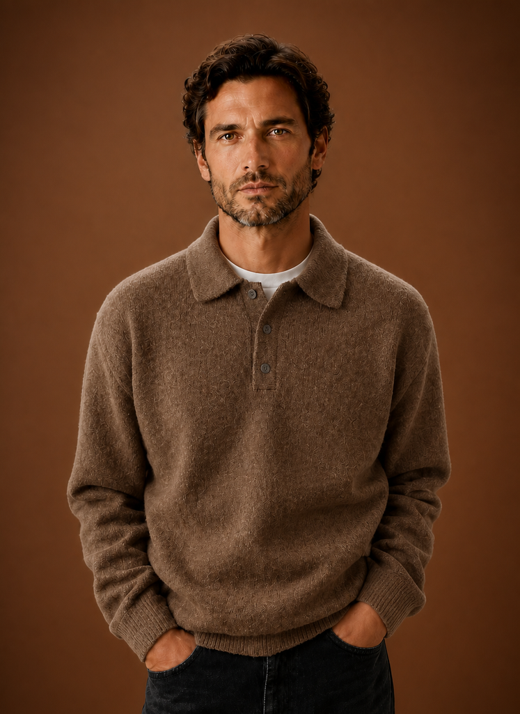 Relaxed Fit Textured Knit Polo Sweater Set of 2 Light Brown 1