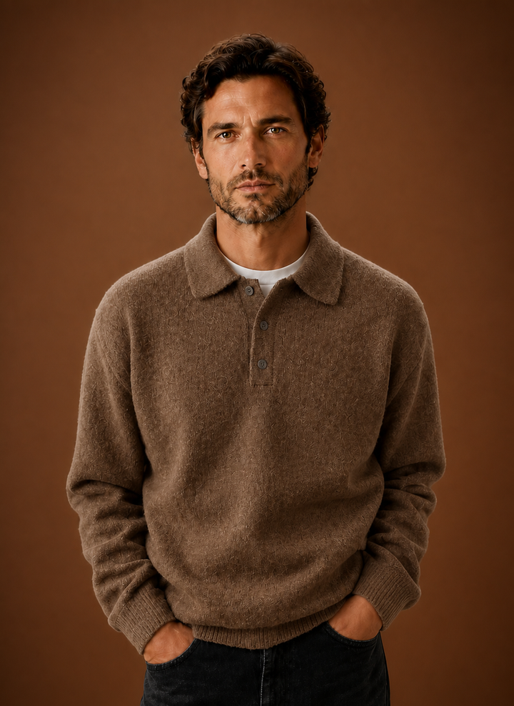 Relaxed Fit Textured Knit Polo Sweater Set of 2 Light Brown 1