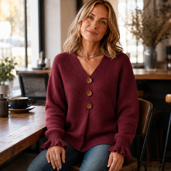 Relaxed Fit V Neck Button Detail Ruffle Cuff Sweater Burgundy 2