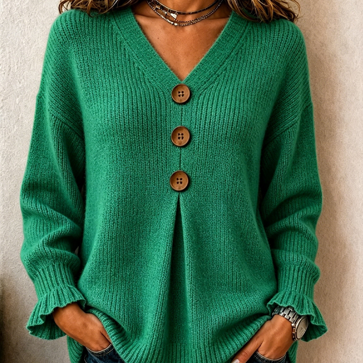 Relaxed Fit V Neck Button Detail Ruffle Cuff Sweater Green 1