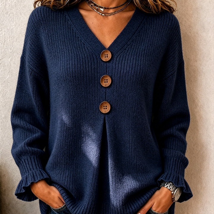 Relaxed Fit V Neck Button Detail Ruffle Cuff Sweater Navy Blue 1