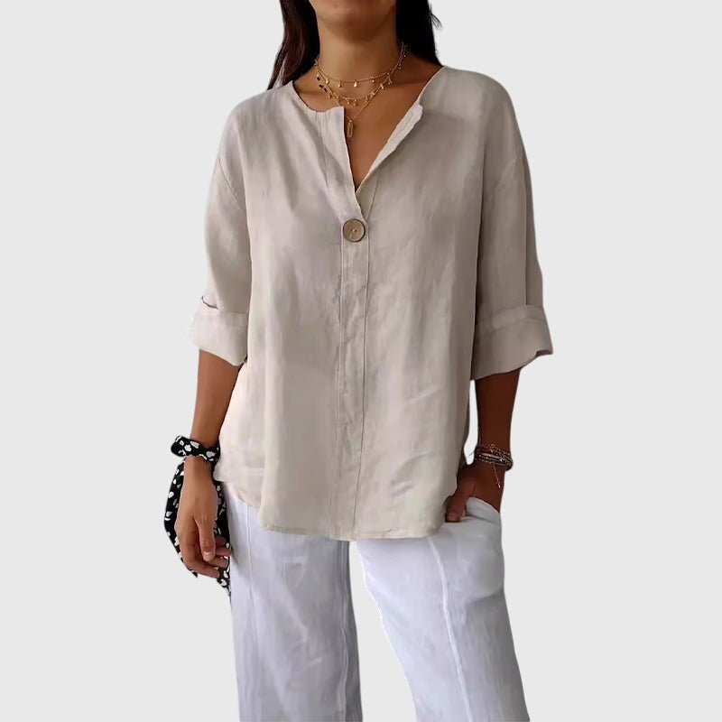 Relaxed Fit V Neck Single Button Blouse Beige 1